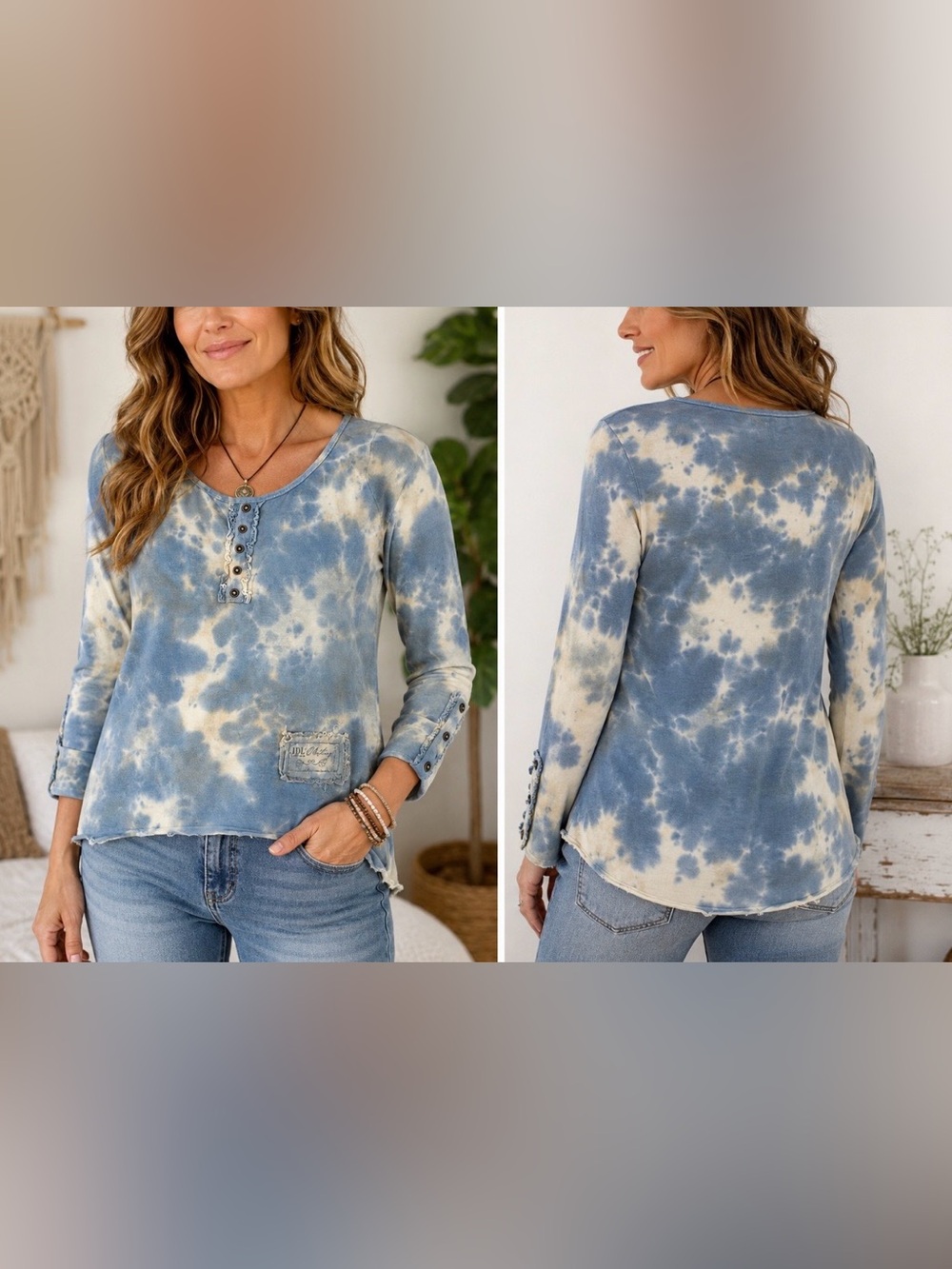 Women's Blue and Cream TieDye Henley Long Sleeve Top Sz M White Boho Long Sleeve